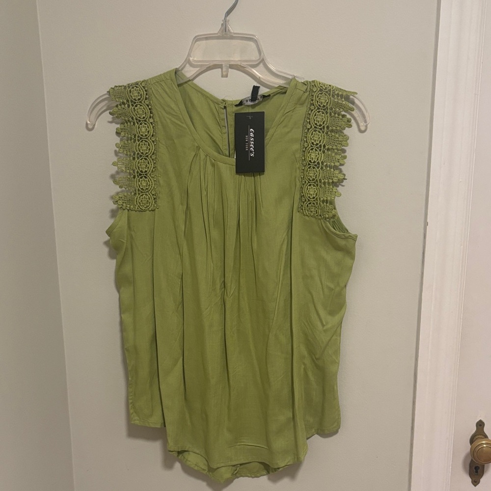 C. Luce Olive Crochet Accent Blouse
